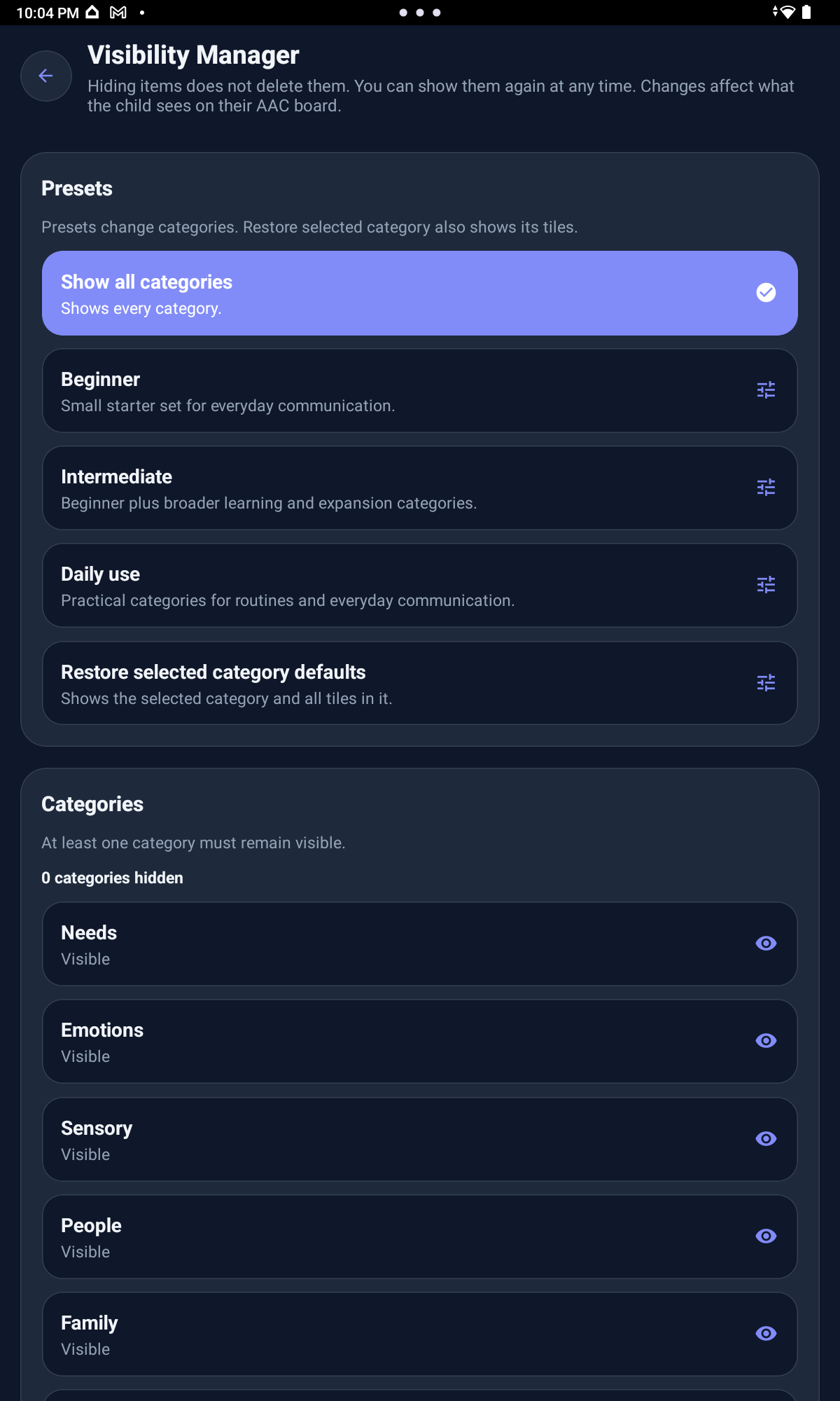 Visibility controls for showing or hiding board information