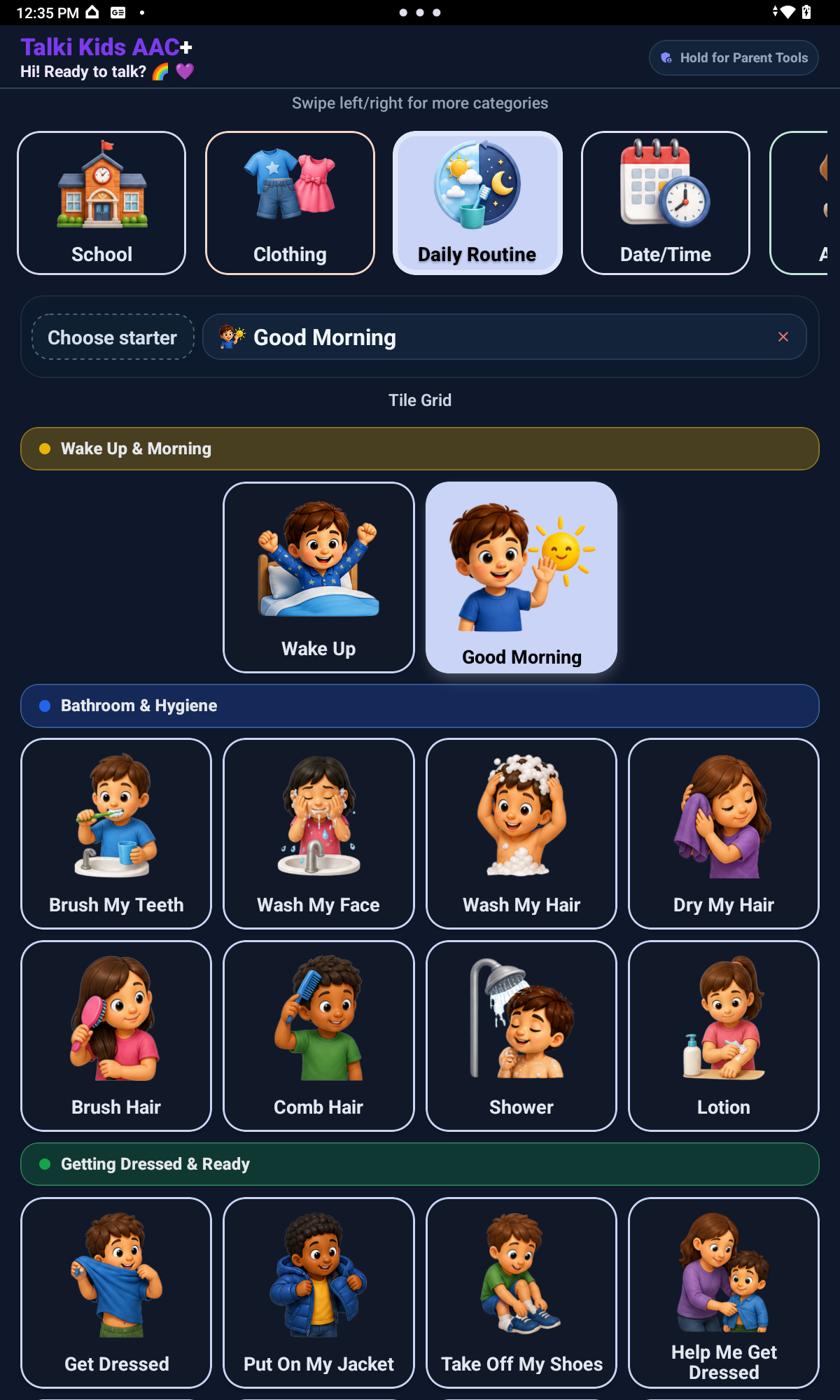 Daily Routine AAC picture board with visual routine support tiles
