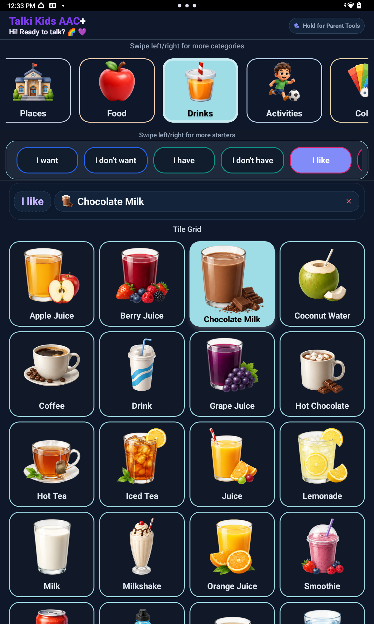Talki Kids AAC+ Drinks category with visual communication tiles