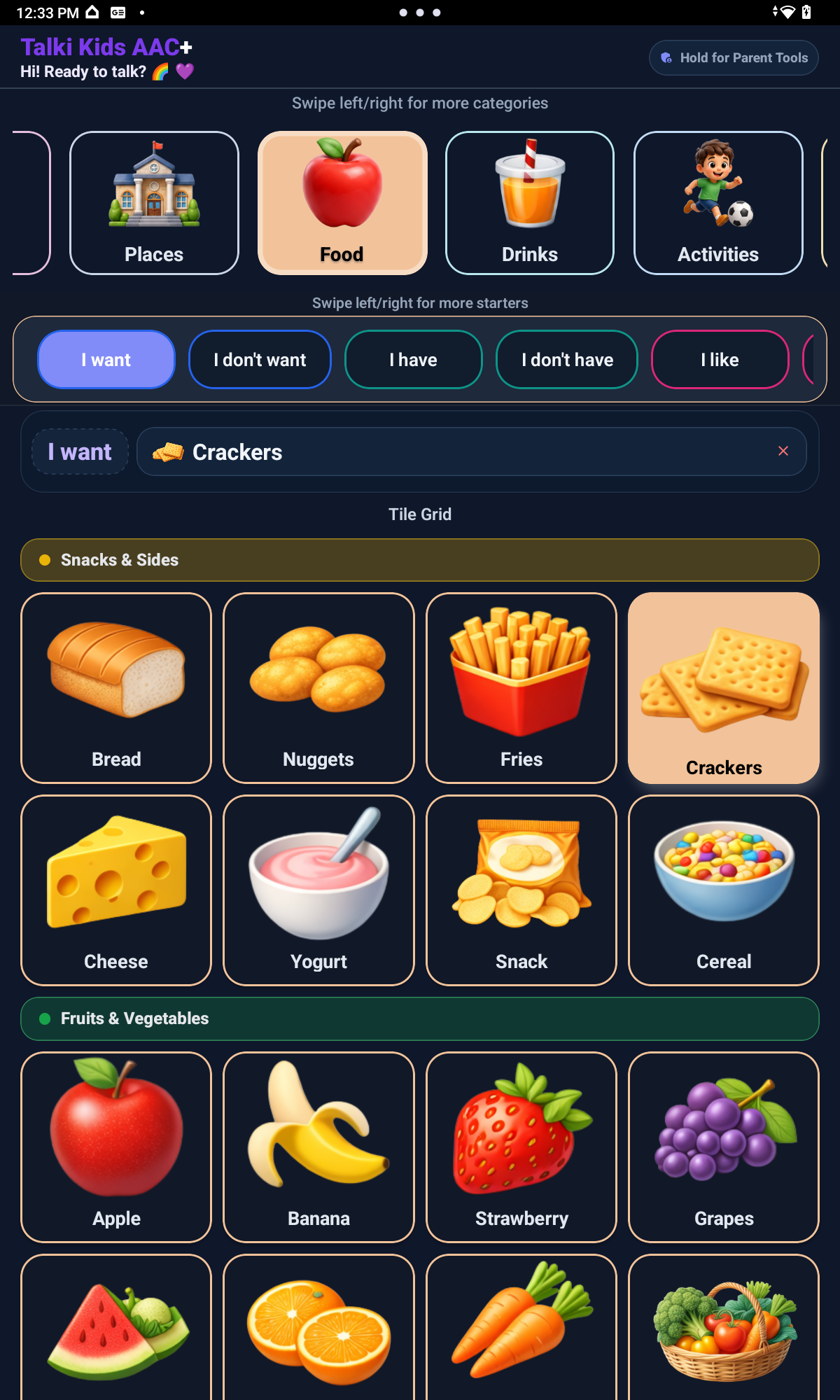 Talki Kids AAC+ Food category with picture communication tiles