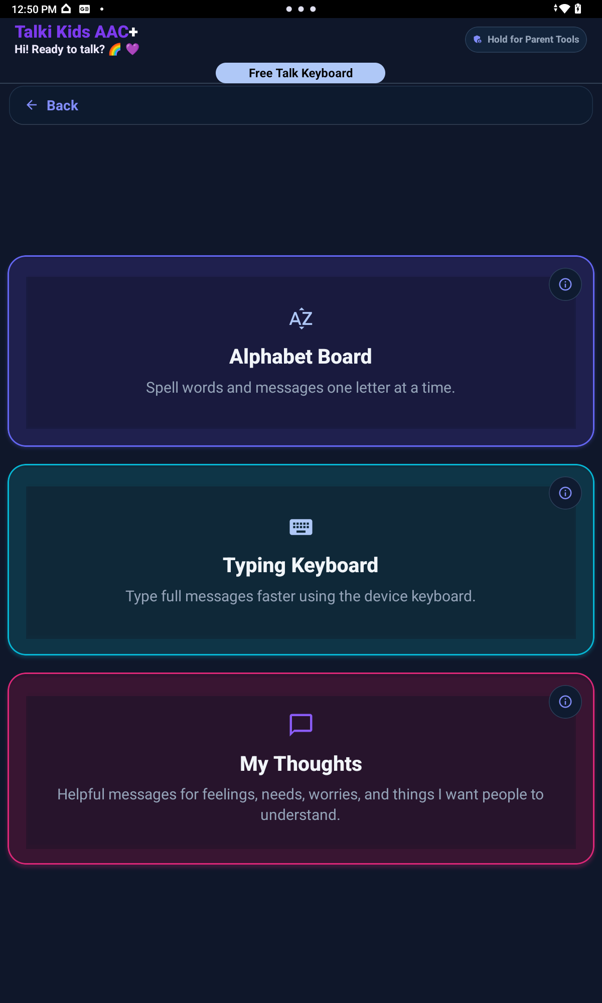 Free Talk Keyboard screen for custom communication