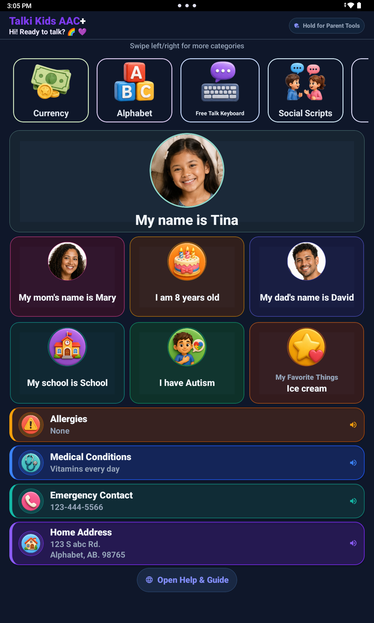 Talki Kids AAC+ My Information home board screen