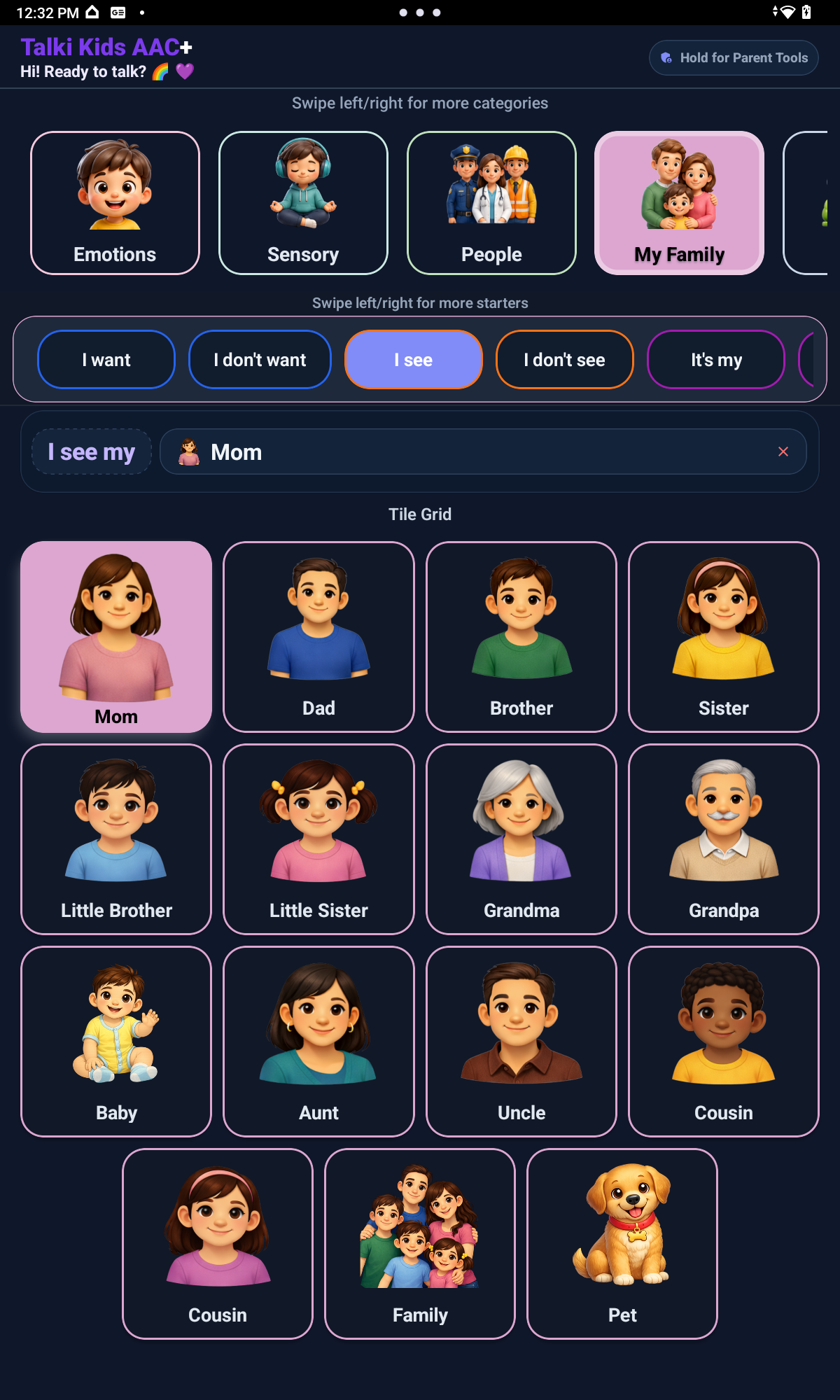 My Family demo screen with fictional family picture tiles