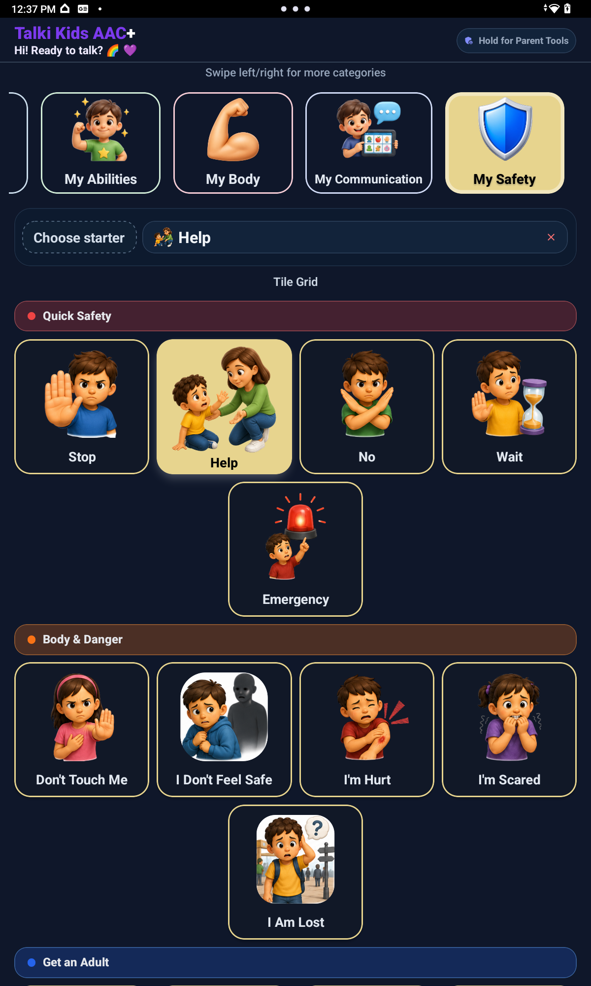 My Safety AAC picture board with safety and self-advocacy communication tiles