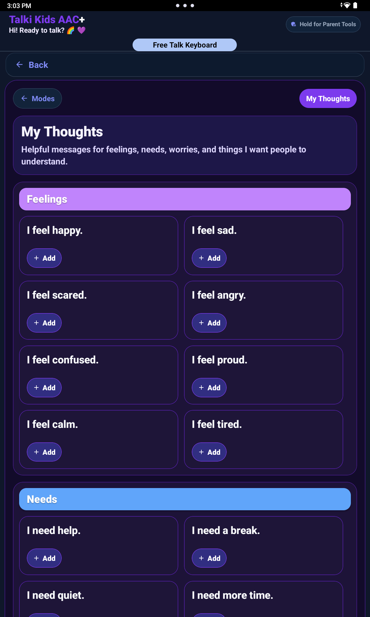 My Thoughts screen with saved personal messages