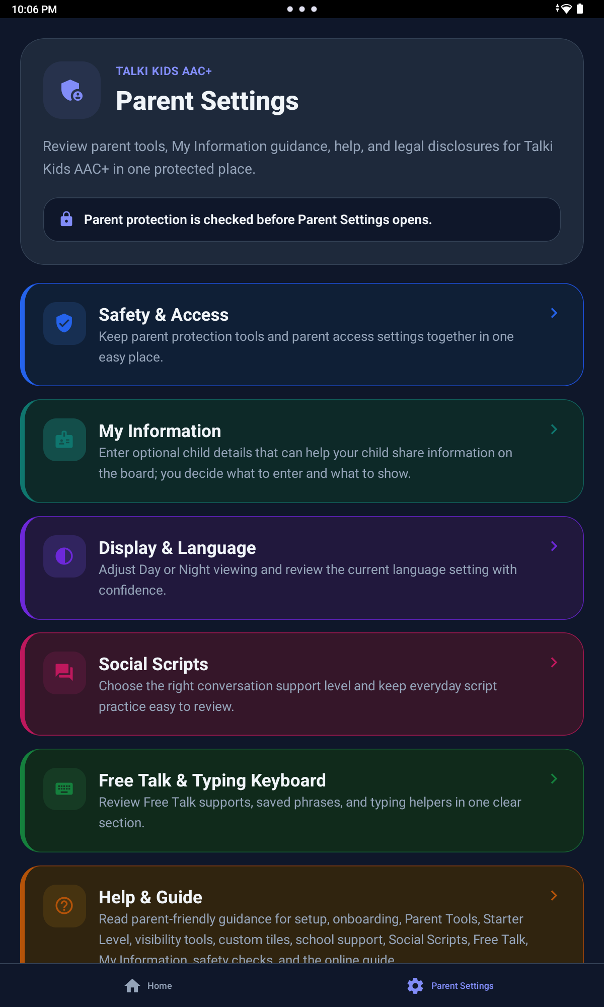 Parent Settings screen with protected adult tools