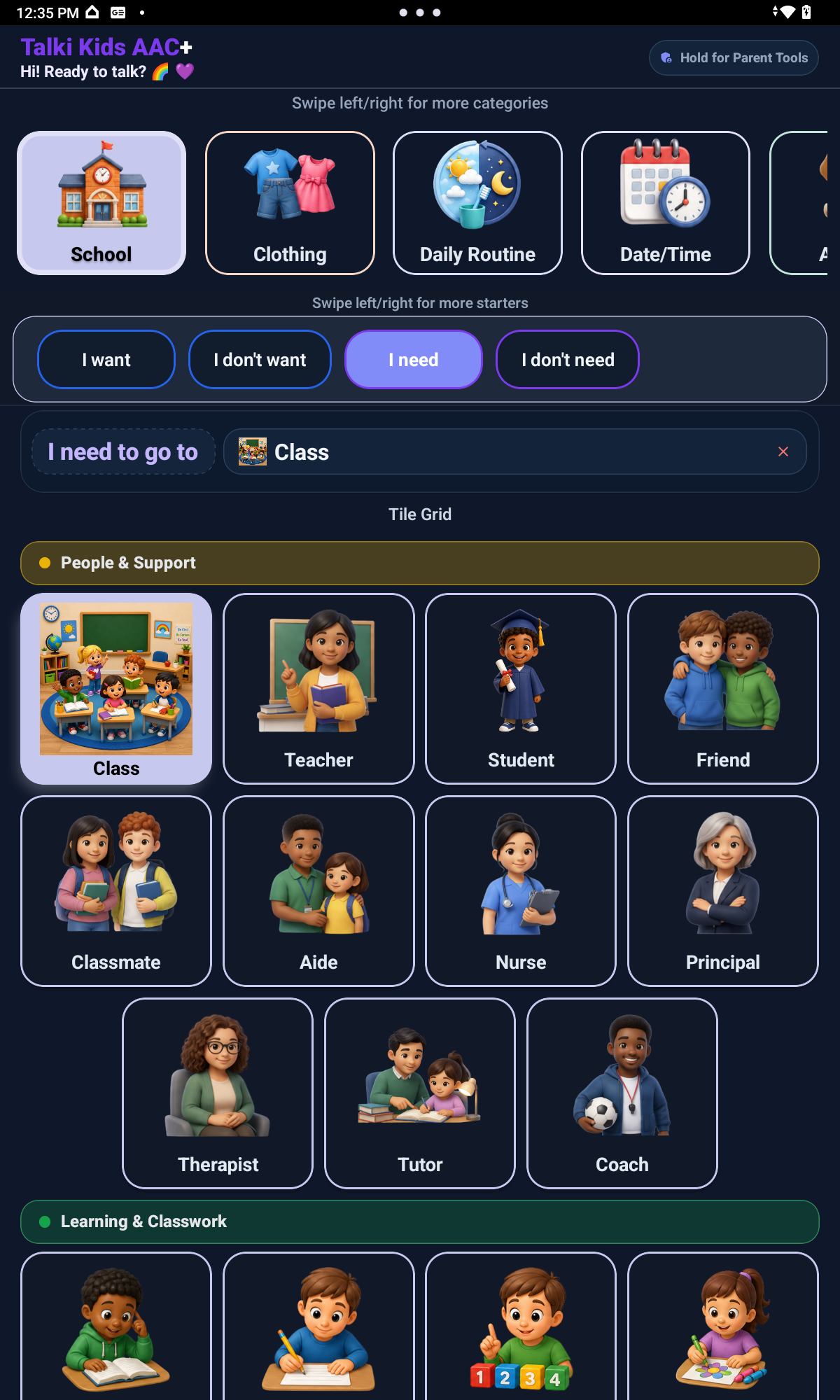 Talki Kids AAC+ School category with classroom support tiles