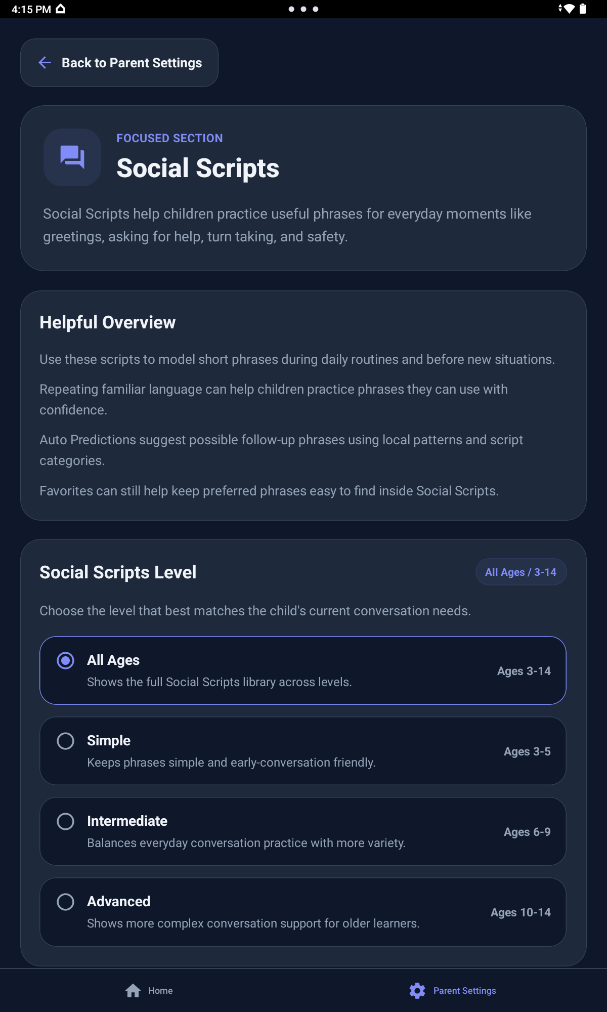 Talki Kids AAC+ Social Scripts level selection screen