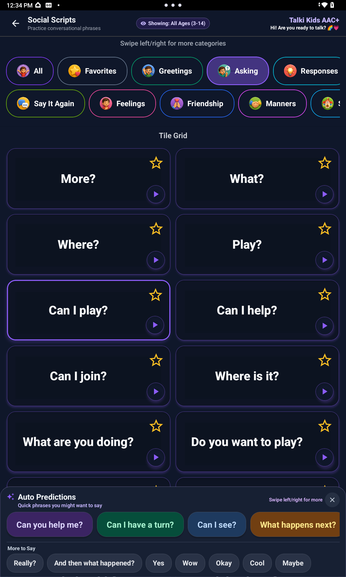 Social Scripts screen with Auto Predictions and More to Say