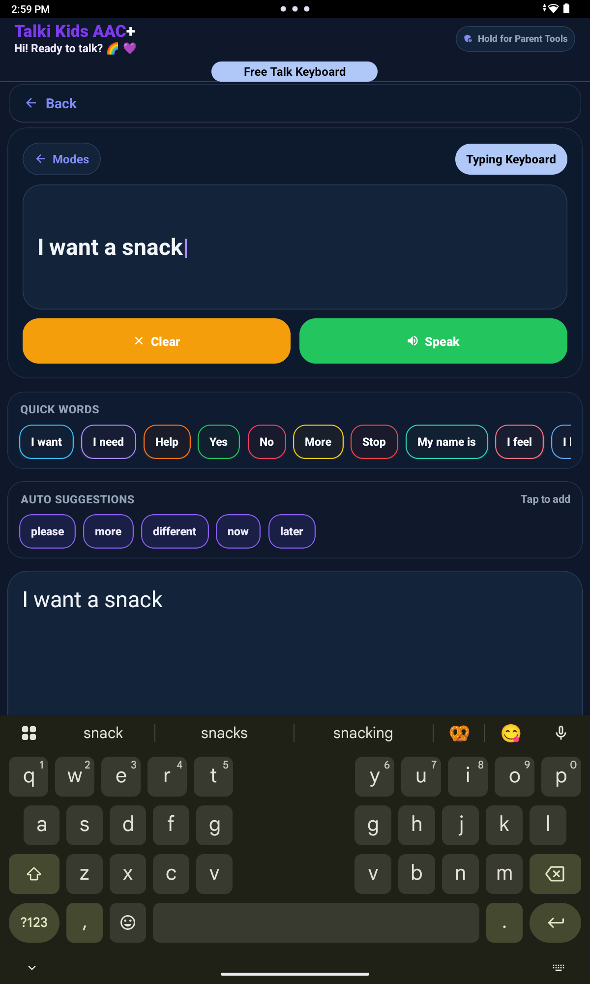 Talki Kids AAC+ Typing Keyboard with quick words and speech controls